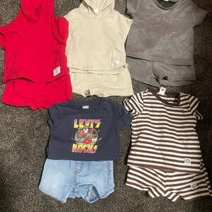 Levi Kids Graphic Short Set & 6 SHEIN Sets, along with white sandals size 6.